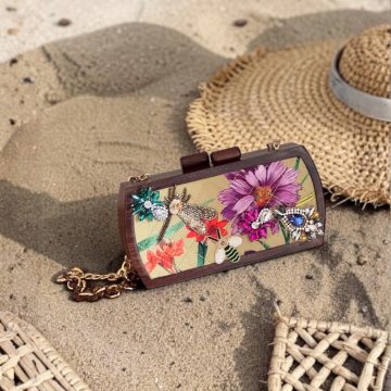 WOODEN CLUTCH WITH EMBELLISHED PRINTED CANVAS