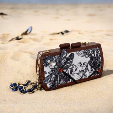 WOODEN CLUTCH WITH EMBELLISHED PRINTED CANVAS