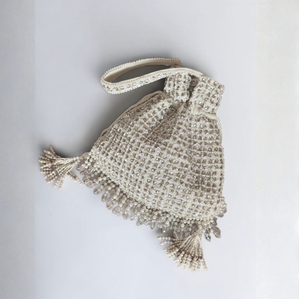 WHITE VELVET POTLI WITH MIRROR WORK - Image 2
