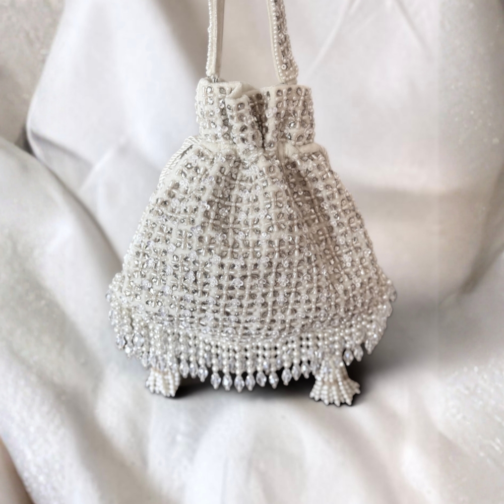 WHITE VELVET POTLI WITH MIRROR WORK